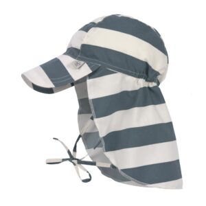 Chapeau Bébé (anti-UV & protège nuque) – Rayés, blanc cassé bleu 3-6mois.