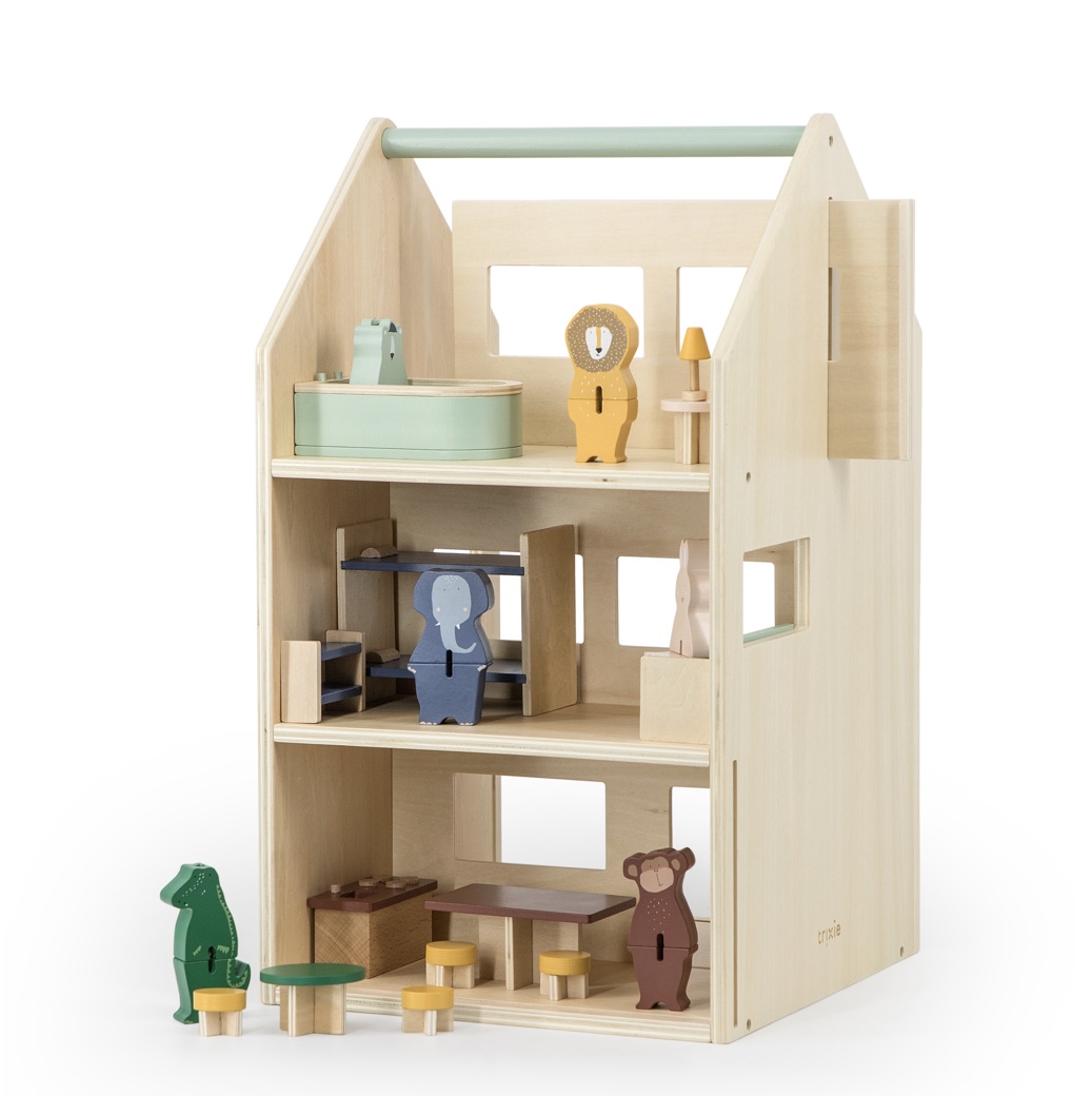 Maison de jeu en bois avec accessoires.