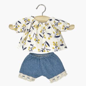 Minikane Amigas – Ensemble top blouse Rosalie en coton Mimosa et short en jean avec franges.