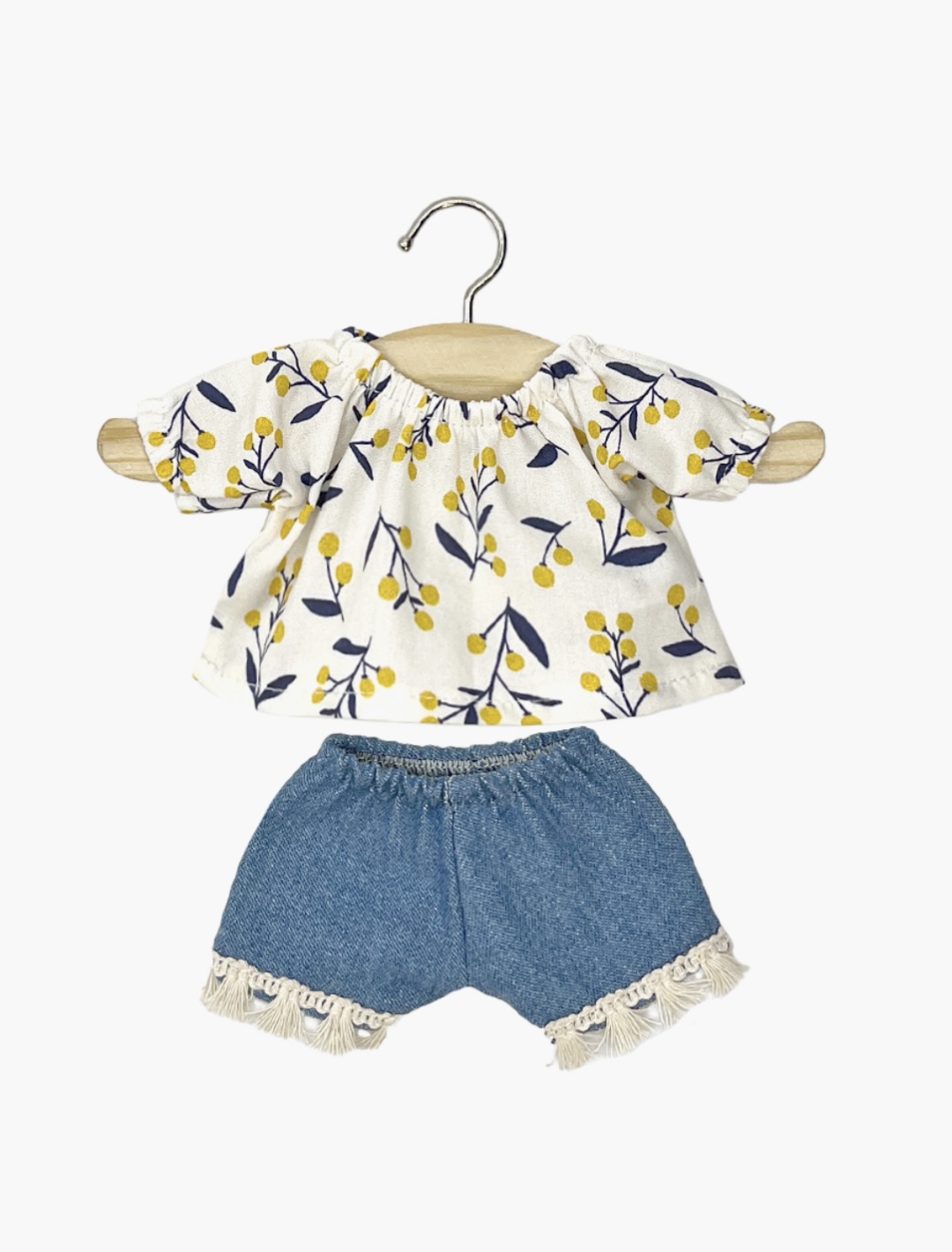 Minikane Amigas – Ensemble top blouse Rosalie en coton Mimosa et short en jean avec franges.