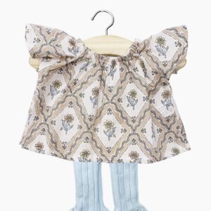 Minikane Ensemble top Mazarine Alma et collants à volants sans pieds Chloé bleu glacier pour poupées Gordis 34-37cm.