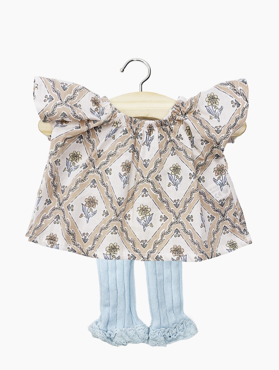 Minikane Ensemble top Mazarine Alma et collants à volants sans pieds Chloé bleu glacier pour poupées Gordis 34-37cm.