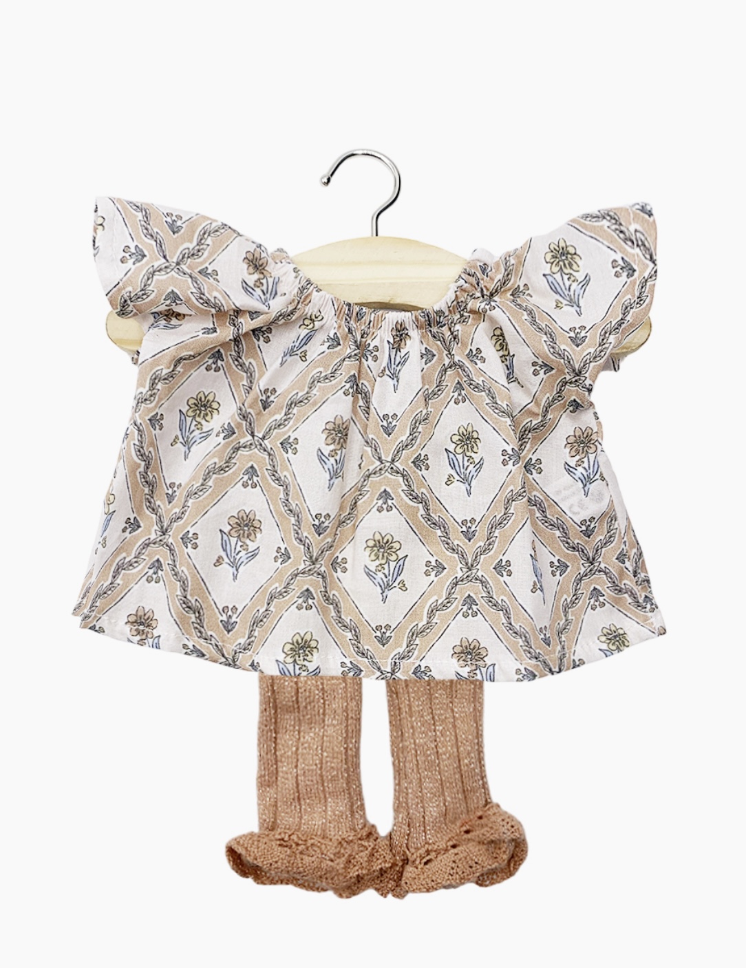 Minikane Ensemble top Mazarine Alma et collants à volants sans pieds Chloé bois de rose lurex pour poupées Gordis 34-37cm.