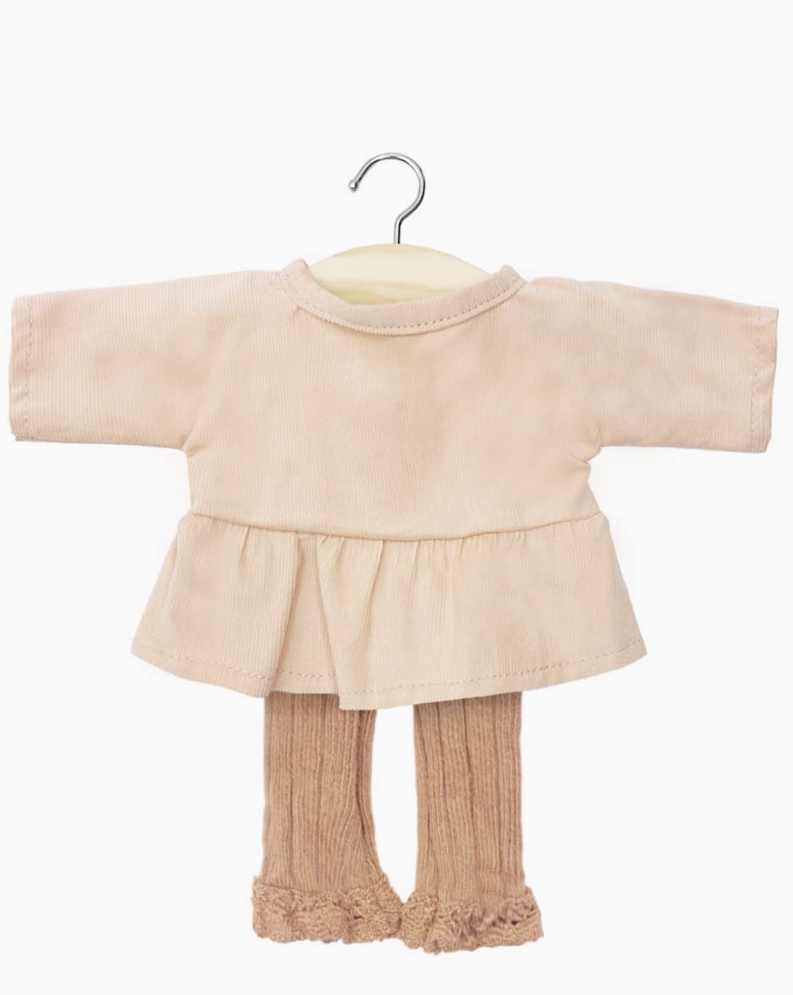 Minikane Ensemble top Ophélia en milleraie saumon et collants sans pieds Chloé bois de rose pour poupées Gordis 34-37cm.