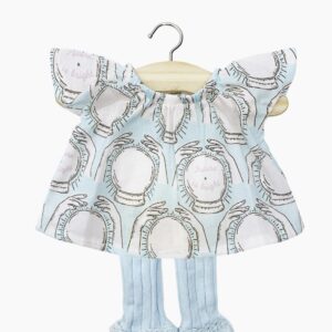 Minikane Ensemble top Mazarine Future is bright et collants à volants sans pieds Chloé bleu glacier pour poupées Gordis 34-37cm.