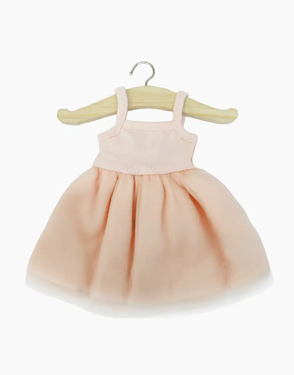 Minikane Tutu Rosella en jersey rose pâle et tulle rose bagatelle.