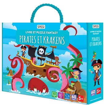 Livre et puzzle fantasy – Pirates et krakens livre + puzzle 60 pièces.