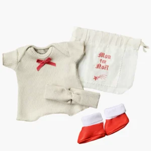 Minikane Babies – Ensemble “Mon Premier Noël” avec body shorty / headband en bord côte lin et chaussons rouges.