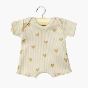 Minikane Babies – Body shorty en maille côtelée Petits coeurs beige pour poupée 28cm.