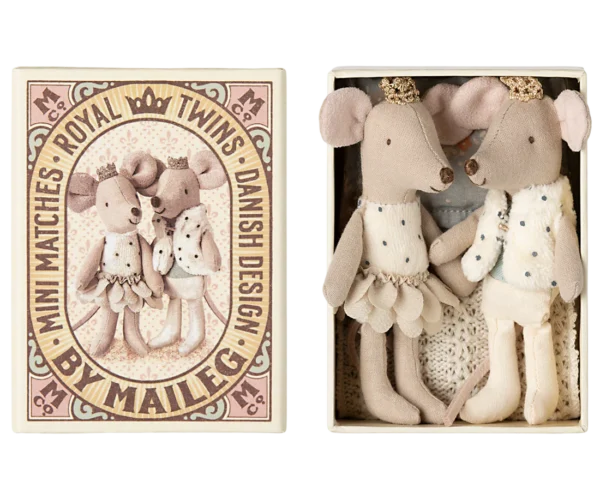 Maileg Jumeaux Royaux, Petit(e) sœur & frère souris dans leur boîte assortie.