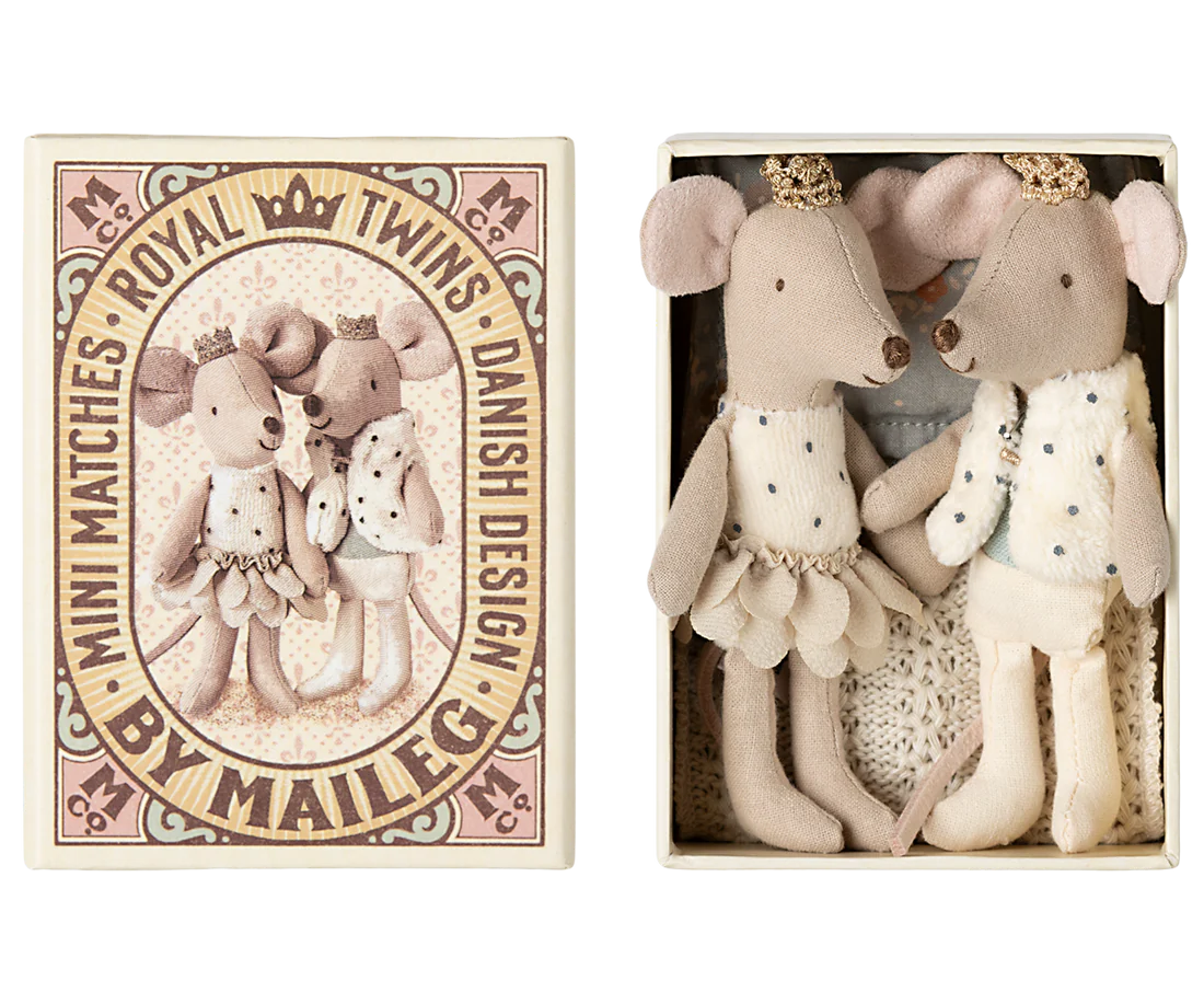 Maileg Jumeaux Royaux, Petit(e) sœur & frère souris dans leur boîte assortie.