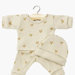 Minikane Babies – Pyjama Morgan et son bonnet en maille côtelée Petits coeurs beiges pour poupée 28cm.