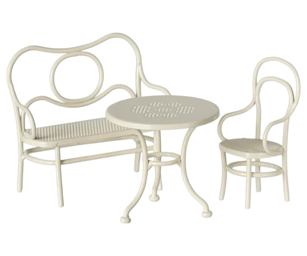 Maileg Table, banc & chaise, Souris, Small - Blanc cassé.