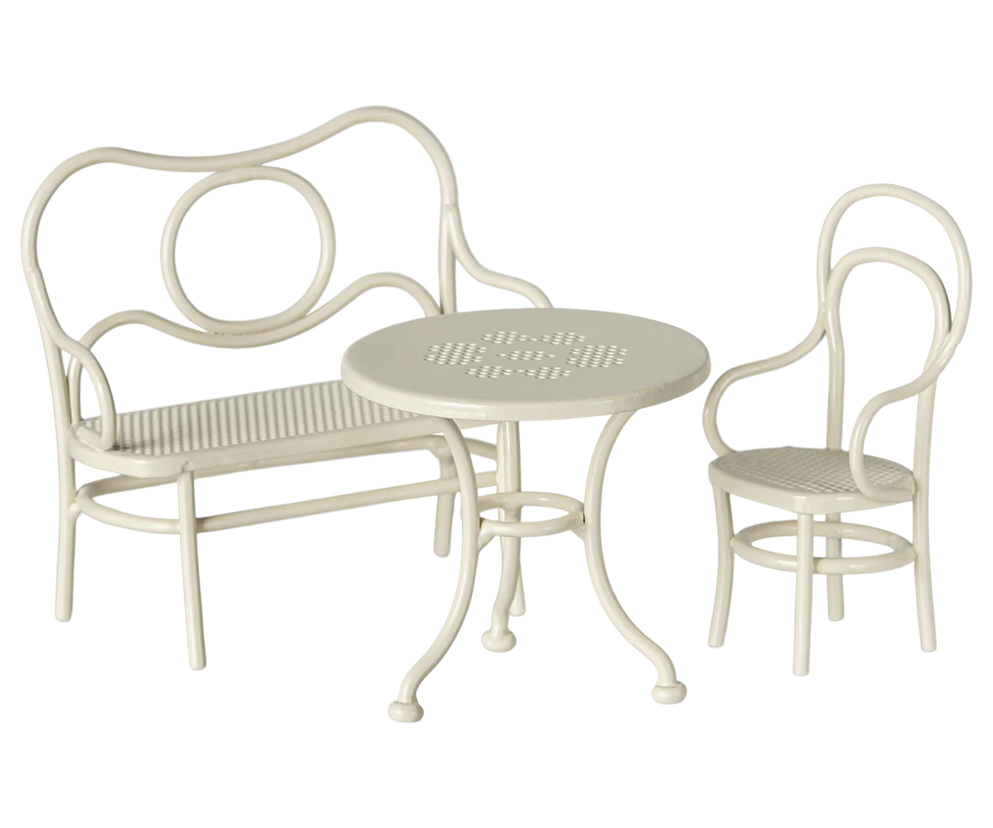 Maileg Table, banc & chaise, Souris, Small – Blanc cassé.