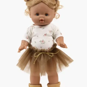 Minikane Ensemble Josepha body en maille côtelée Petites fleurs et tutu marron pour poupée 34-37cm.