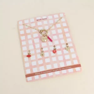 Cartelette WITH LOVE Collier et 6 pendentifs (coeur strié et pierres naturelles).