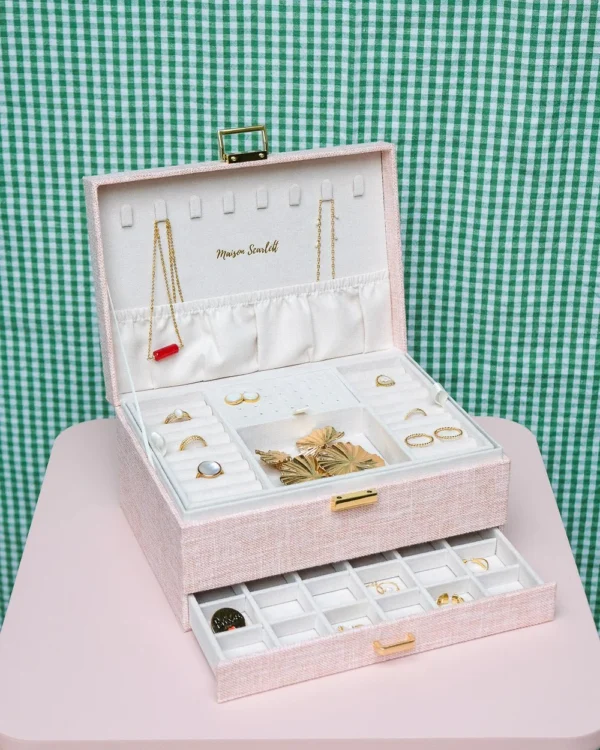 Boîte à bijoux Denise en lin rose. - Image 2