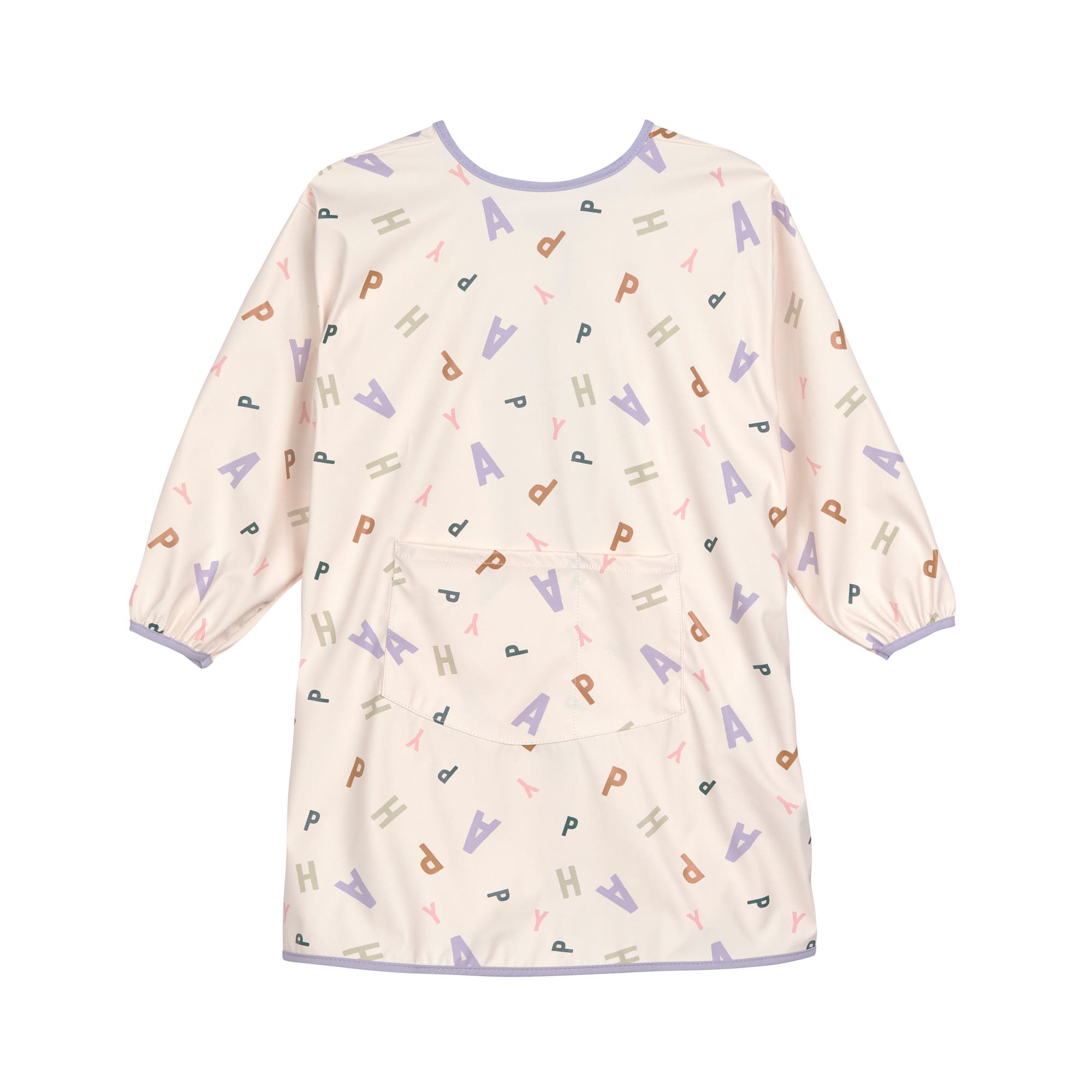 Tablier manches longues enfants – Happy Fruits, pastel lilas.