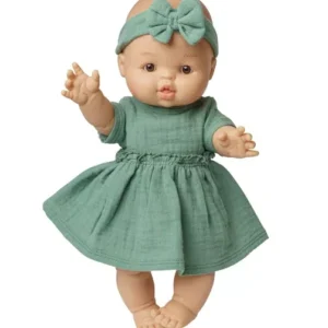 Poupée avec robe bio, vert sauge, fille, 34 cm.