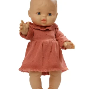 Poupée avec robe en tricot bio, pêche, fille, 34 cm.