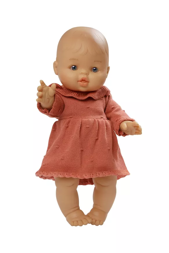 Poupée avec robe en tricot bio, pêche, fille, 34 cm.