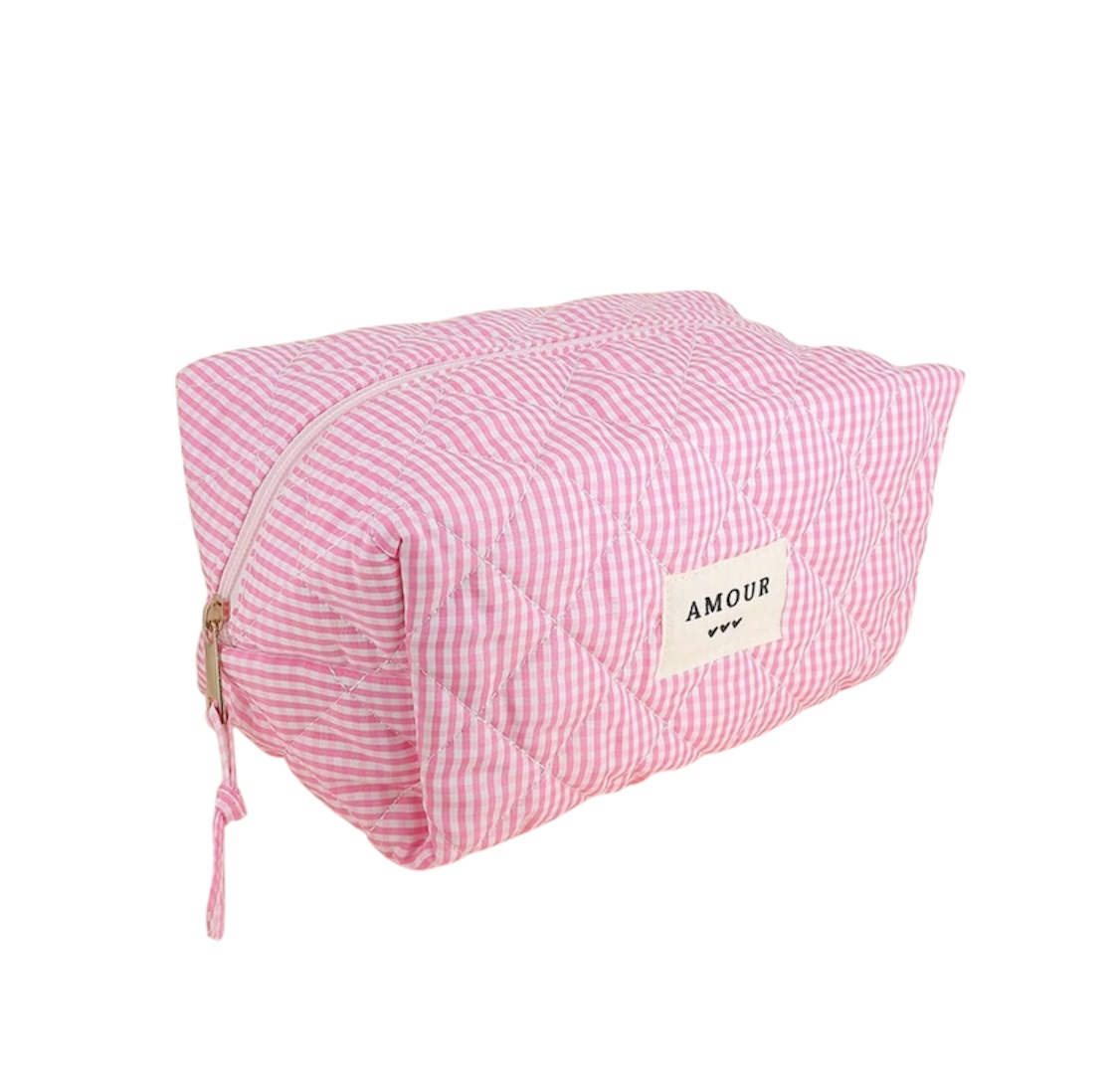 Trousse (grande) AMOUR et 3 coeurs – Vichy rose.