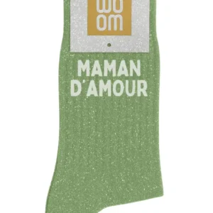 Chaussettes à Paillettes  » Maman d&rsquo;Amour » Vert Amande – Taille 36-40.
