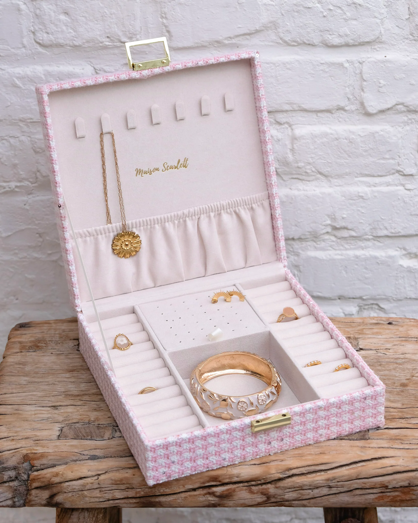 Boîte à bijoux Anne en pied-de-poule rose. - Image 2
