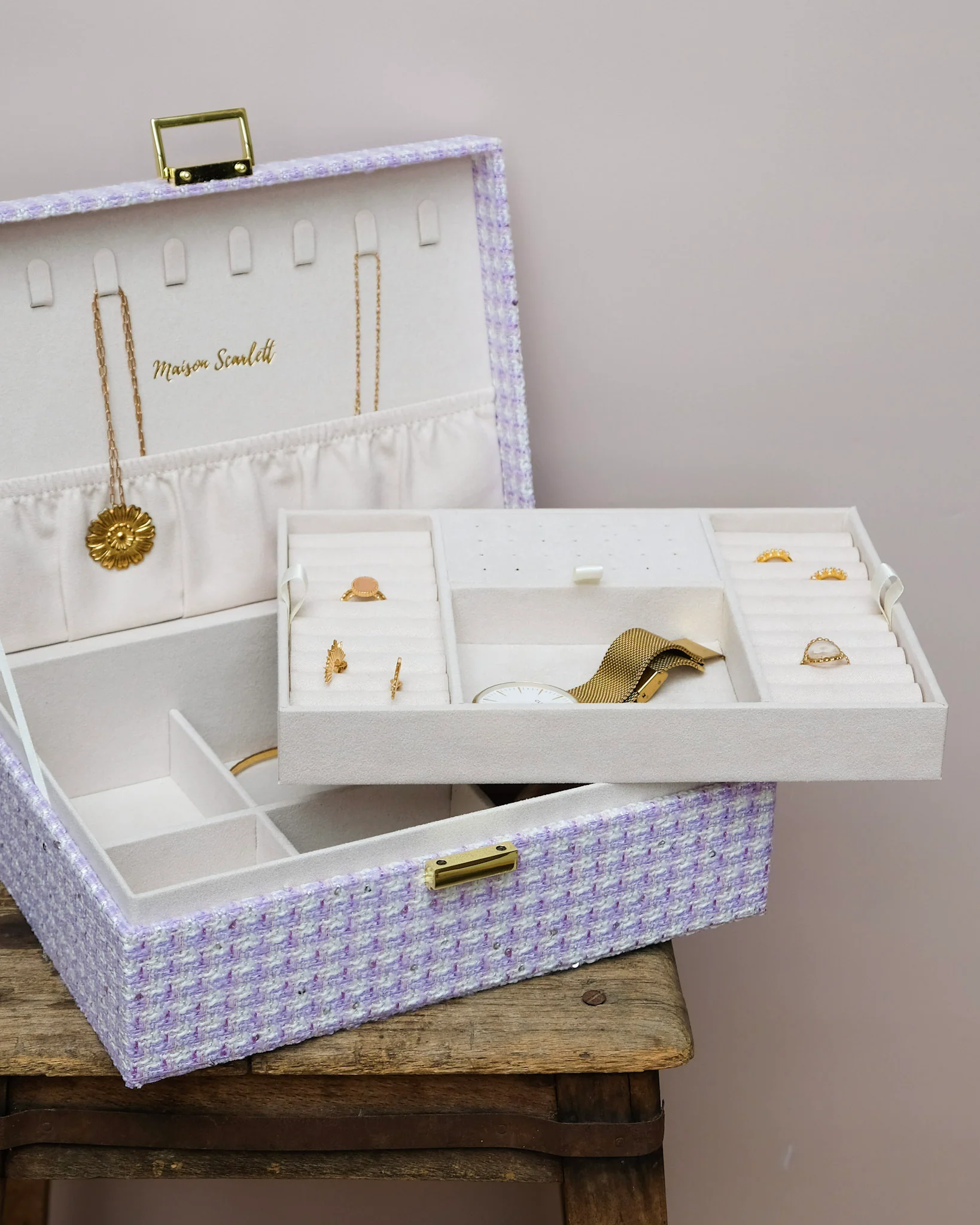 Boîte à bijoux Louise en pied-de-poule mauve. - Image 5