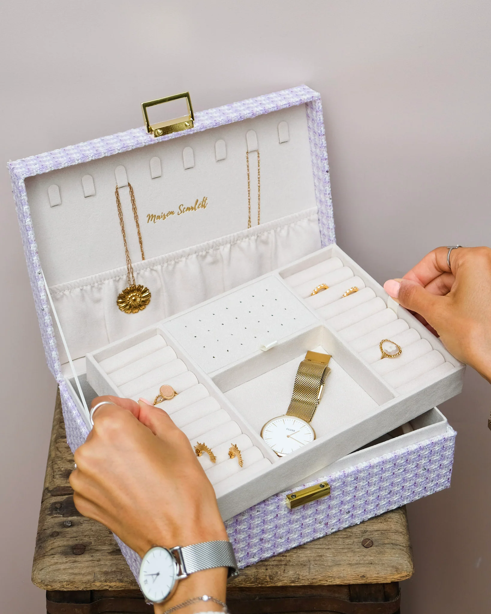 Boîte à bijoux Louise en pied-de-poule mauve. - Image 6
