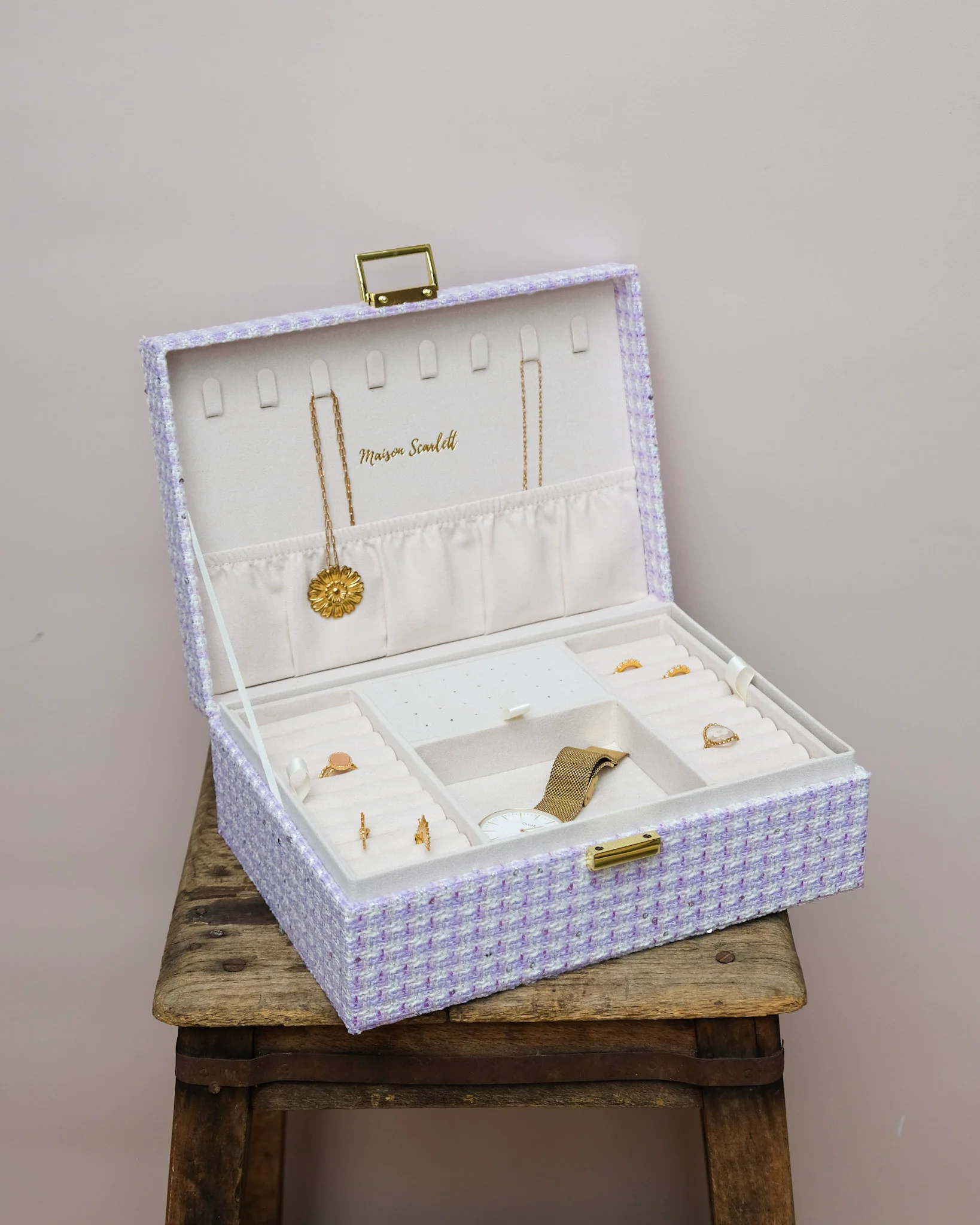 Boîte à bijoux Louise en pied-de-poule mauve. - Image 7