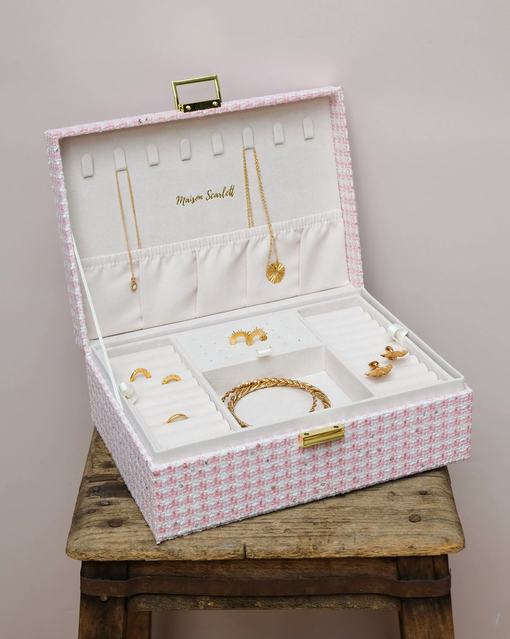 Boîte à bijoux Louise en pied-de-poule rose. - Image 2