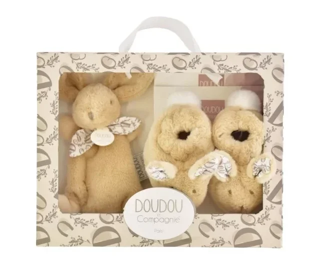 Coffret cadeau Chaussons et Doudou Beige 15 cm.