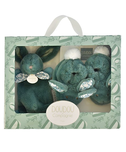 Coffret cadeau Chaussons et Doudou Vert Sauge 15 cm.
