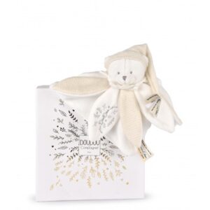 Doudou et compagnie – Doudou plat pétales Ours Blanc 25 cm Collection Anniversaire.
