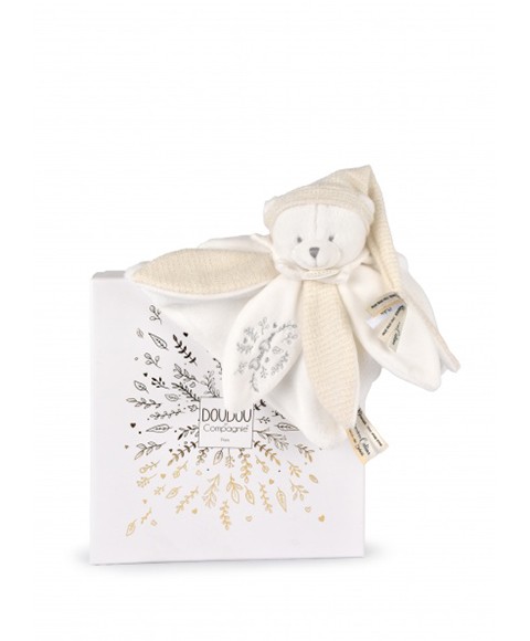 Doudou et compagnie – Doudou plat pétales Ours Blanc 25 cm Collection Anniversaire.