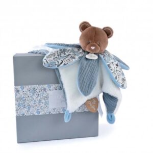 Doudou et compagnie – Doudou plat BOH&rsquo;AIME OURS bleu avec pétales.