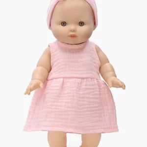 Minikane Poupée Gordis vintage 34cm Faustine et son ensemble robe sans manches / headband en gaze de coton fraise.