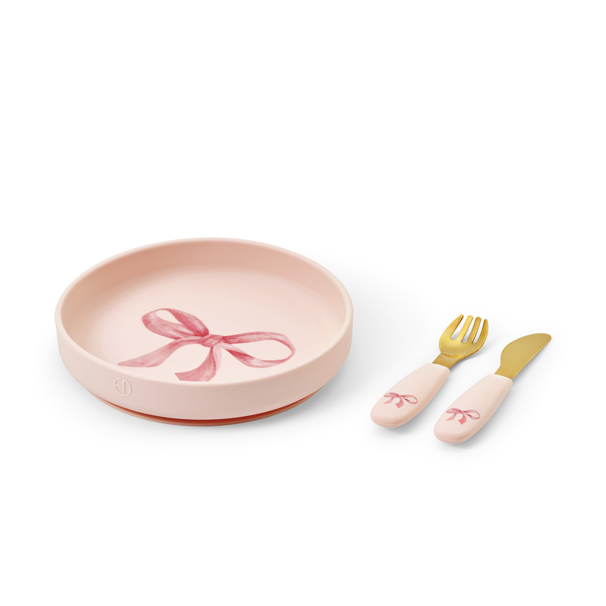 Ensemble assiette et couverts en silicone – Rosy Bow – Elodie détails.