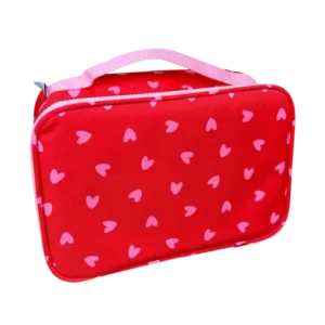Lunch bag isotherme coeurs rose / fond rouge.