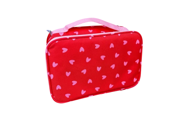Lunch bag isotherme coeurs rose / fond rouge.