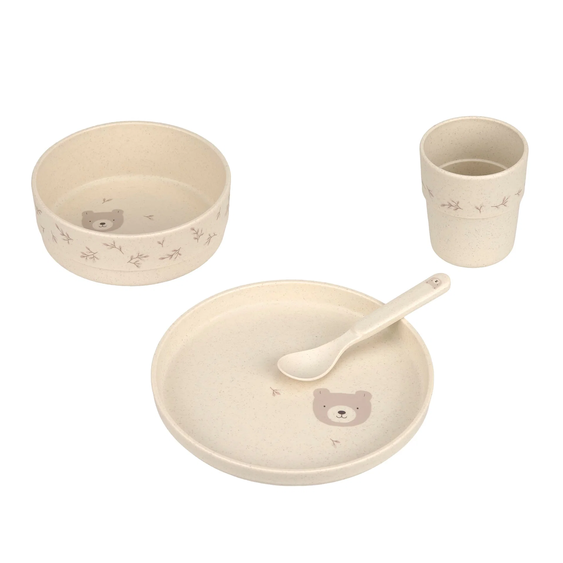 Coffret repas enfants (assiette, bol, tasse, cuillère), Feuilles.