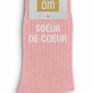 Chaussettes à Paillettes « Soeur de Coeur » Rose Taille 36-40.