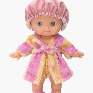 Minikane Poupée Mini Pancha, Alice et son ensemble de bain en éponge rayé pêche / rose.