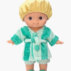 Minikane Poupon Mini Pancha, Basile et son ensemble de bain en éponge rayé vert / menthe.