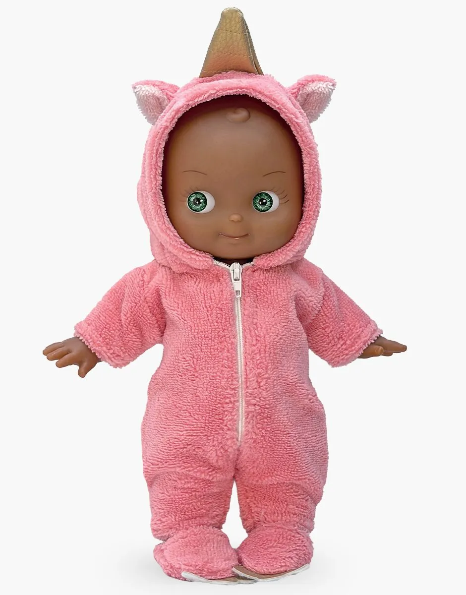 Minikane Poupée Mini Pancha, Prunelle et sa combinaison cocooning licorne rose.
