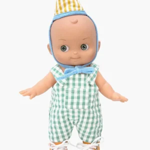 Minikane Poupon Mini Pancha, Zébulon et son ensemble d’anniversaire Vichy vert / rayures jaunes