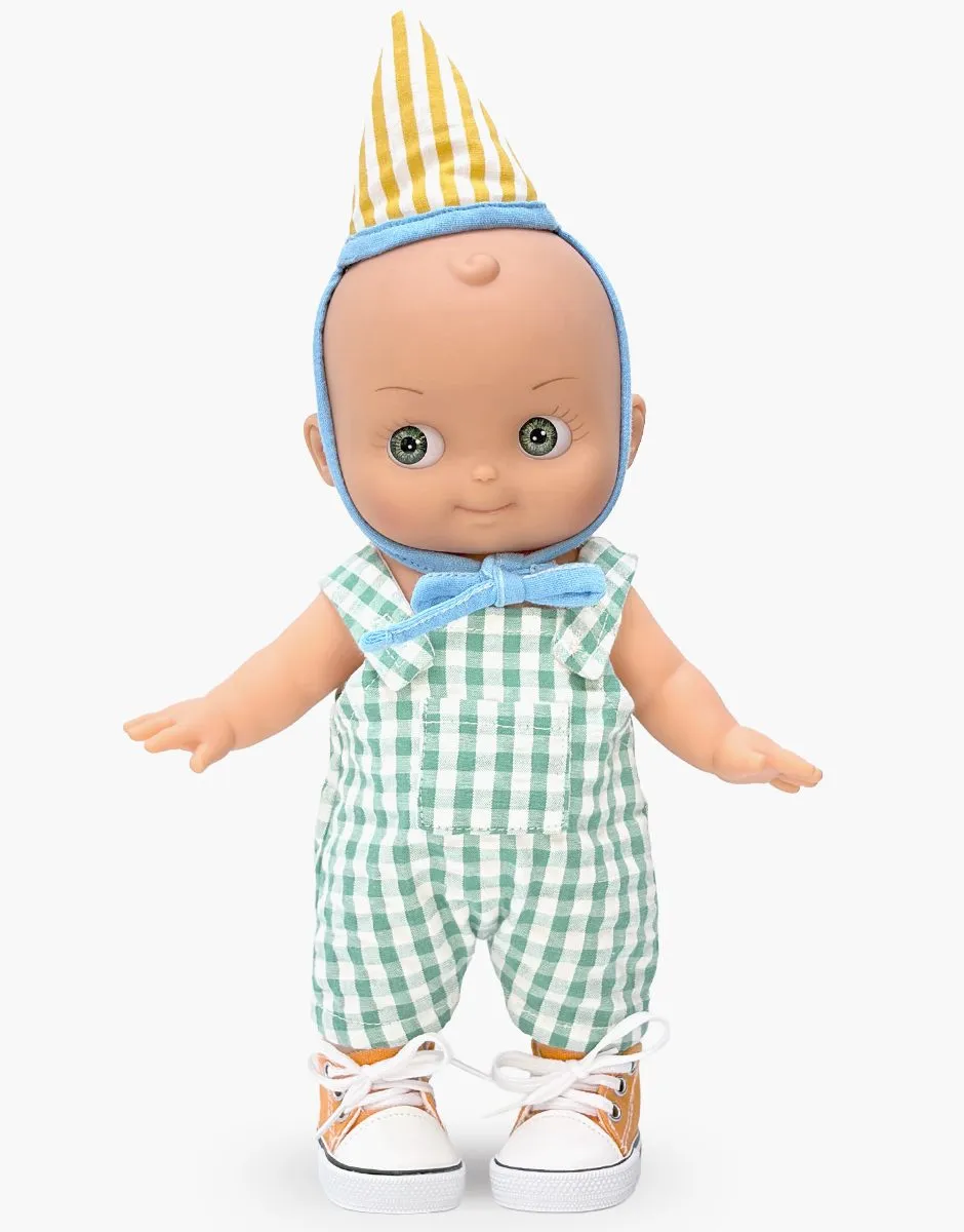 Minikane Poupon Mini Pancha, Zébulon et son ensemble d’anniversaire Vichy vert / rayures jaunes
