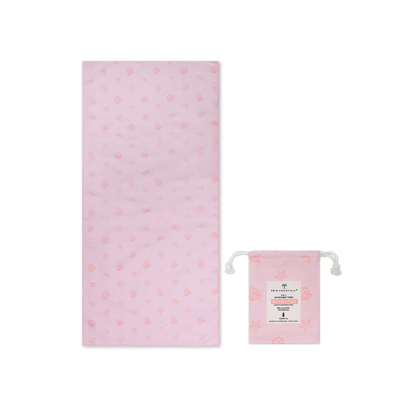 Serviette de plage en microfibre rose à motif coquillages - 135 x 65 cm.