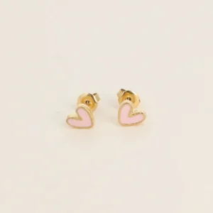 Boucles puces – coeur en émail rose tendre.